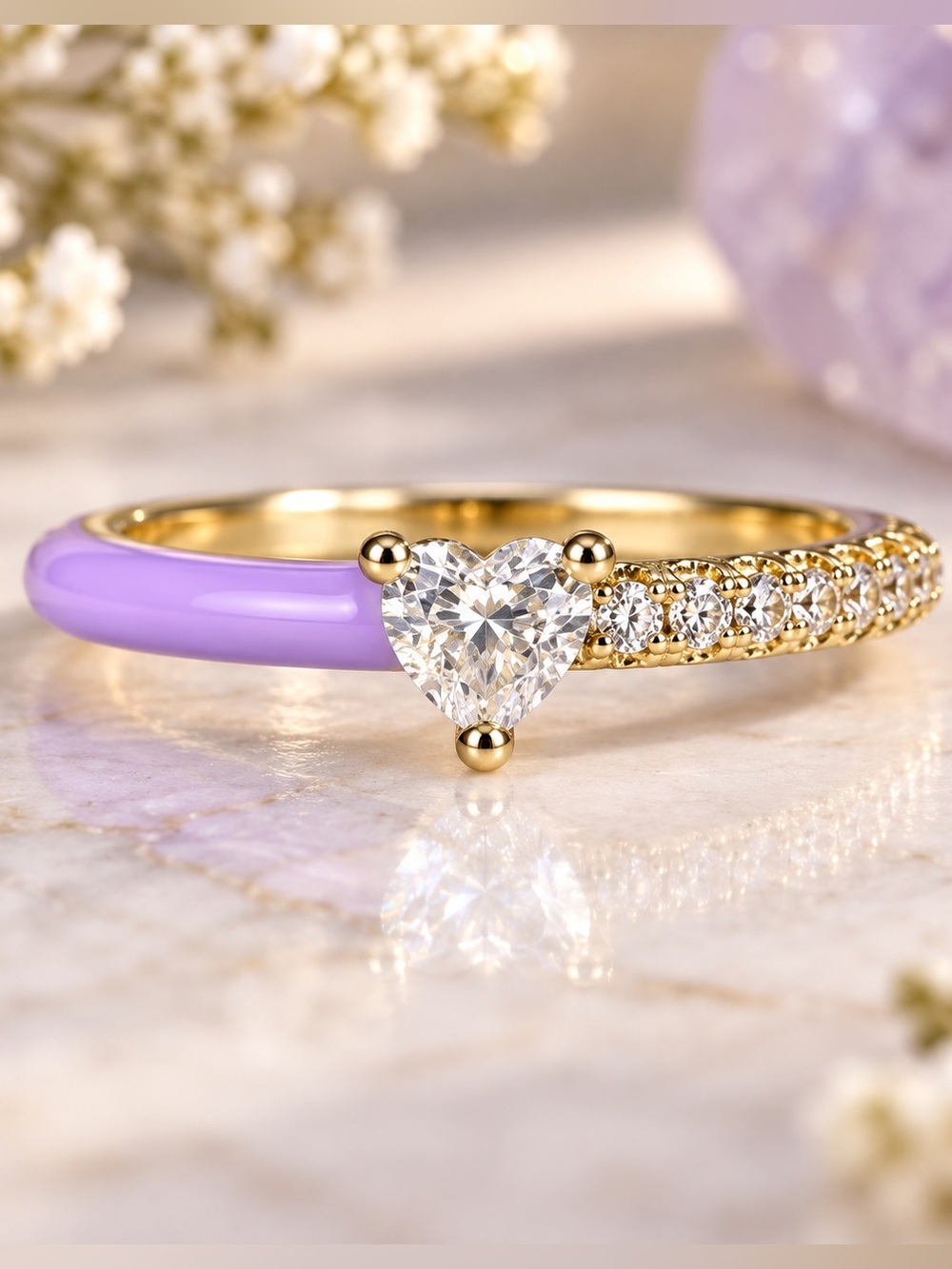 Purple Enamel Heart CZ Open Ring Gold Tone Adjustable Statement Ring